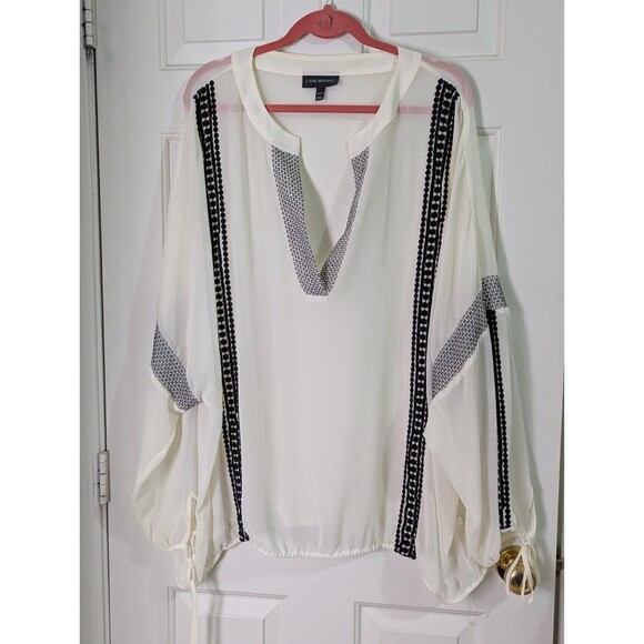 Lane Bryant Boho Sheer Blouse Womens 26/28 Cream Black V-Neck Coachella Festival - Picture 1 of 9